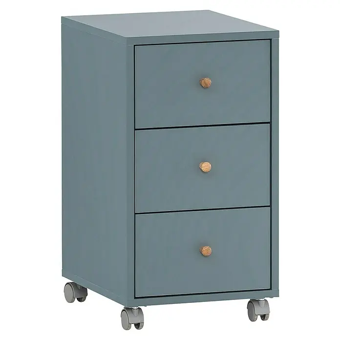 Schildmeyer Rena Rollcontainer - L x B x H: 39,1 x 32,6 x 59,7 cm, Fjord, Anzahl Schubladen: 3 Stk. - Blauer Rollcontainer mit drei Schubladen und hölzernen Knäufen. Der rollbare Schrank bietet praktischen Stauraum im Büro.