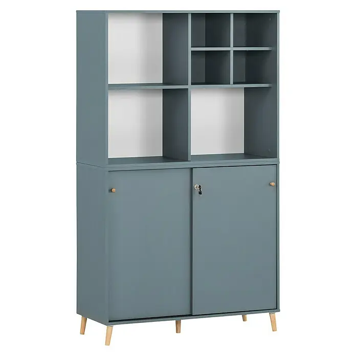 Schildmeyer Serie 500 Holz-Mehrzweckschrank - L x B x H: 114,8 x 247,7 x 223,6 cm, Fjord - Blauer Schrank mit Schubladen und Regalen. Er ist ein praktisches und stilvolles Möbelstück für die Aufbewahrung verschiedener Gegenstände.