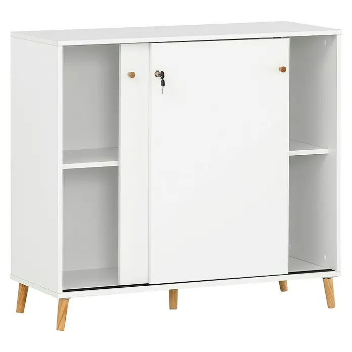 Schildmeyer Schiebetürschrank - L x B x H: 32,8 x 100 x 92,6 cm, Weiß - Ein weißer Schrank mit Schiebetüren und Holzfüßen für stilvolle Aufbewahrungslösungen.