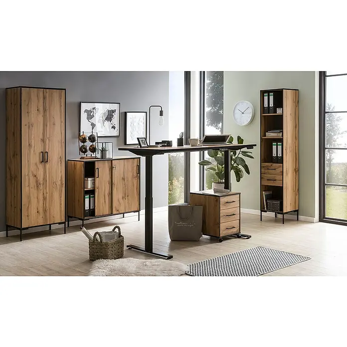 Schildmeyer Serie 2000 Rollcontainer - L x B x H: 39 x 40,2 x 57 cm, Eiche Landhaus, Anzahl Schubladen: 3 Stk. - Büroeinrichtung mit Schrank, Kommode, Stehpult und Regalen in Holzoptik und schwarzem Metallrahmen für ein modernes Arbeitszimmer.