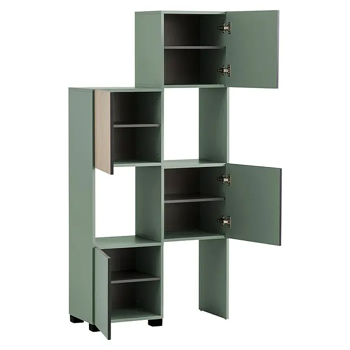 Schildmeyer Alexa Holzregal ausziehbar - L x H: 35 x 163 cm, Breitenverstellung: 42 cm - 70 cm, Pistazie - Grünes modulares Bücherregal mit offenen Fächern und einigen Fächern mit offenen Türen, moderne Aufbewahrungslösung für Ihr Zuhause.