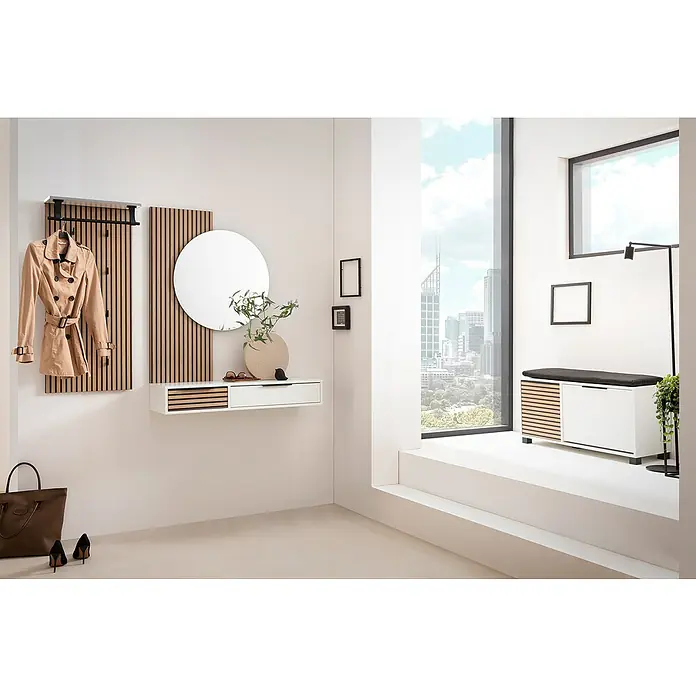Schildmeyer Loft Schuhbank - 33 x 98,4 x 47,2 cm, Weiß/Akustik-Dekor - Elegante Flur-Garderobe mit Spiegel, Hängepaneel und stilvoller Bank. Modernes Design für einen einladenden Eingangsbereich mit praktischem Stauraum.