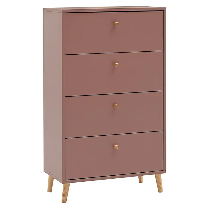 Schildmeyer Bjarne Kommode - L x B x H: 33 x 60 x 101,3 cm, Mauve, Anzahl Schubladen: 4 Stk. - Eine rosa Kommode mit vier Schubladen und goldenen Griffen steht auf hellen Holzbeinen. Praktisch und stilvoll.