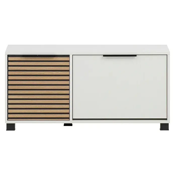 Schildmeyer Loft Schuhbank - 33 x 98,4 x 47,2 cm, Weiß/Akustik-Dekor - Moderner Schuhschrank mit einer Holztür und einer weißen Tür mit einem schwarzen Griff. Dieser Schrank bietet eine stilvolle Aufbewahrungslösung.