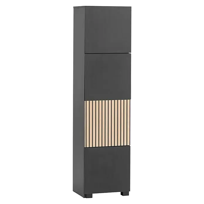 Schildmeyer Alexa Holzregal ausziehbar - L x H: 35 x 163 cm, Breitenverstellung: 42 cm - 70 cm, Schwarz - Abbildung eines modernen, anthrazitfarbenen Schranks mit einer dekorativen Holzlattenstruktur in der Mitte, ideal für stilvolle Aufbewahrungslösungen.