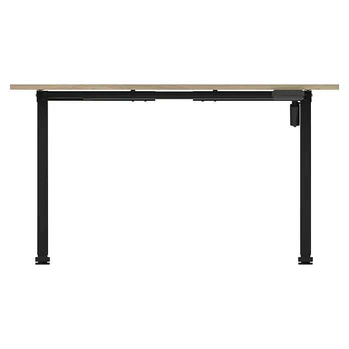 Schildmeyer Emmik Schreibtisch - L x B: 60 x 138 cm, Höhenverstellung: 72,7 cm - 117,2 cm, Weißeiche - Hier ist ein Bild von einem höhenverstellbaren Schreibtischgestell mit einer hellen Holzplatte oben. Das Gestell ist in einem dunklen Farbton gehalten.