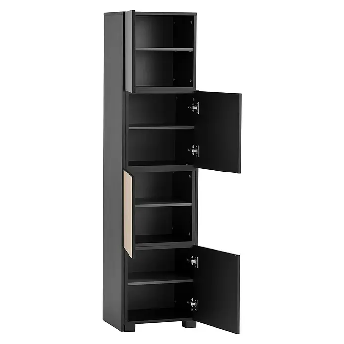 Schildmeyer Alexa Holzregal ausziehbar - L x H: 35 x 163 cm, Breitenverstellung: 42 cm - 70 cm, Schwarz - Moderner grauer Hochschrank mit offenen Türen und mehreren Regalen zur Aufbewahrung und Organisation von Gegenständen.