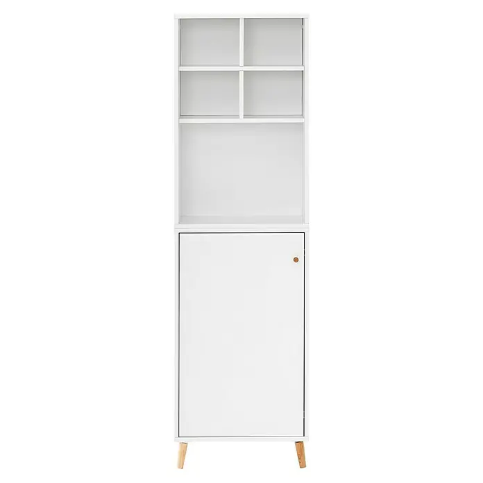 Schildmeyer Serie 500 Holz-Mehrzweckschrank - L x B x H: 114,8 x 247,7 x 223,6 cm, Weiß - Weißes Regal mit offenen Fächern oben und einer geschlossenen Tür unten, ideal zur Aufbewahrung und Präsentation von Gegenständen.