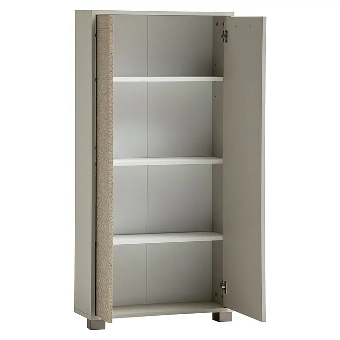 Schildmeyer Edno Highboard - L x B x H: 19,7 x 59,8 x 85,2 cm, Beige - Offener, beiger Hochschrank mit drei weißen Regalen und hellbraunem Dekor an der Seite. Perfekt für Badezimmer oder Schlafzimmer zur Aufbewahrung.