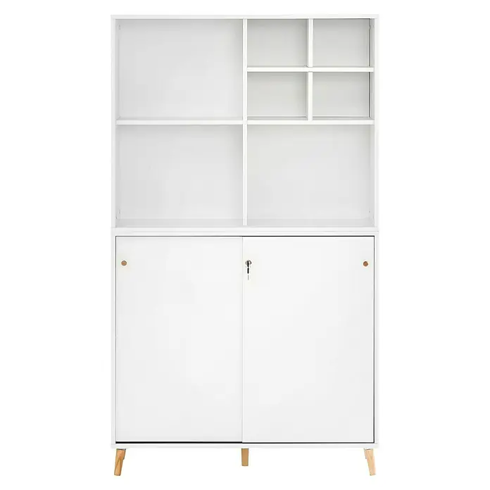 Schildmeyer Serie 500 Holz-Mehrzweckschrank - L x B x H: 114,8 x 247,7 x 223,6 cm, Weiß - Ein weißer Schrank mit Regalen oben und Schiebetüren unten bietet stilvollen Stauraum. Das schlichte Design passt gut in moderne Wohnräume.