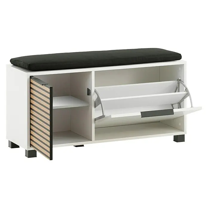 Schildmeyer Loft Schuhbank - 33 x 98,4 x 47,2 cm, Weiß/Akustik-Dekor - Ein Schuhschrank mit einem weißen Korpus, einer Klappe mit Griff und einer Seitentür mit Holzdekor und einem schwarzen Sitzkissen.