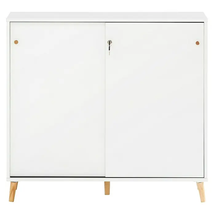 Schildmeyer Schiebetürschrank - L x B x H: 32,8 x 100 x 92,6 cm, Weiß - Ein weißer Schrank mit Schiebetüren und einem Holzfußgestell für zusätzlichen Stauraum. Ideal für modernes Wohnen.
