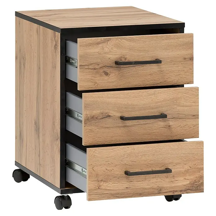 Schildmeyer Serie 2000 Rollcontainer - L x B x H: 39 x 40,2 x 57 cm, Eiche Landhaus, Anzahl Schubladen: 3 Stk. - Ein rollbarer Aktenschrank mit drei Schubladen, die teilweise geöffnet sind, in Holzoptik mit schwarzen Griffen.