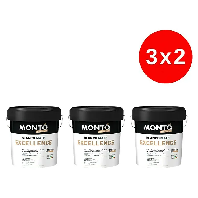 Montó Bricolovers Pintura para paredes y techos Excellence 3x2 - Blanco, Mate, 15 l - Tres cubetas de pintura Montó Blanco Mate Excellence, ideal para interiores/exteriores, máxima cobertura y promoción 3x2.