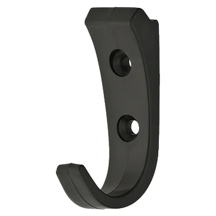 Häfele Garderobenhaken KunststoffL x H: 23 x 70 mm, Schwarz - Nahaufnahme eines einzelnen, schwarzen Wandhakens mit zwei Befestigungslöchern. Der Haken ist stabil und funktional gestaltet.