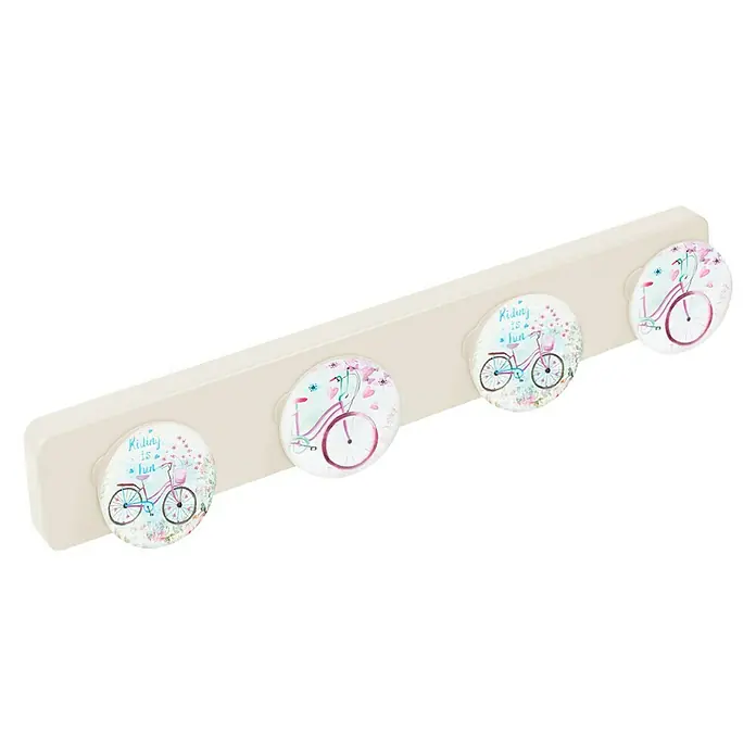 Nesu Perchero 9072 - L x An x Al: 41 x 6 x 55 cm, Plástico, Multicolor - Perchero de pared con cuatro ganchos, decorado con motivos de bicicletas. Un complemento decorativo y funcional para cualquier habitación infantil.