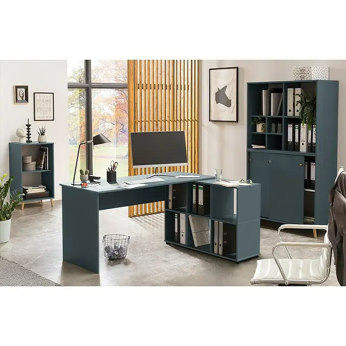 Schildmeyer Unterschrankregal - 41 x 100 x 92,6 cm, Fjord/Weiß, Anzahl Fächer: 4 Stk. - Elegantes Büro-Set in Blau mit Schreibtisch, Regal und Schrank für ein stilvolles und organisiertes Arbeitszimmer.