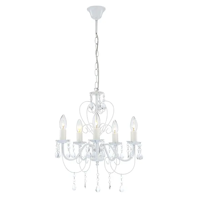 Globo Pendelleuchte Pinja - Pendellänge: 150 cm, 40 W, E14 - Elegante weiße Deckenleuchte mit fünf Leuchten und klaren Kristallverzierungen, die ein luxuriöses Ambiente schafft.