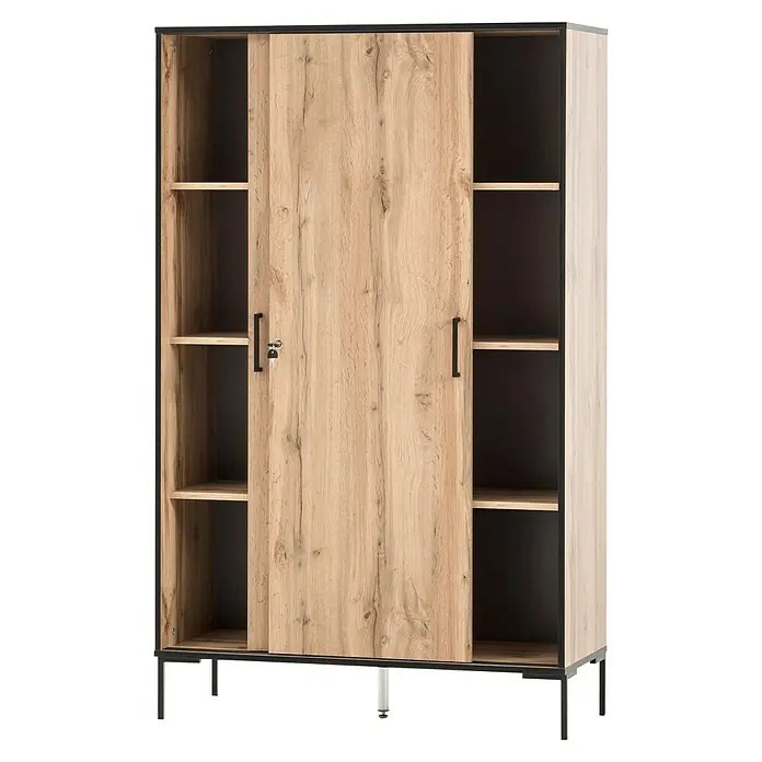 Schildmeyer Serie 2000 Schiebetürschrank - L x B x H: 41 x 100,1 x 163,8 cm, Eiche Landhaus/Schwarz - Ein moderner Holzschrank mit Schiebetüren und Regalen, ideal für stilvolle Aufbewahrung im Wohnraum.