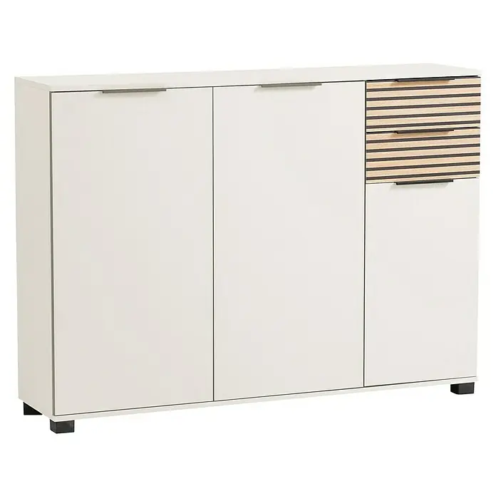Schildmeyer Alexa Schuhschrank - L x B x H: 35 x 142 x 105,5 cm, Cremebeige, Passend für: ca. 20 Paar Schuhe - Ein modernes Sideboard in Weiß mit drei Türen und zwei Schubladen mit Holzlamellen-Design. Ideal für stilvolle Aufbewahrungslösungen im Wohnbereich.