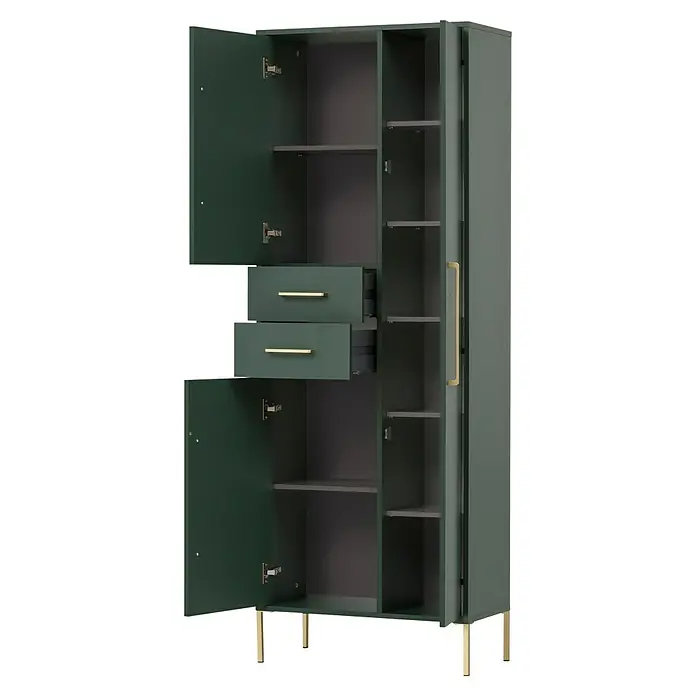 Schildmeyer Kent Hochschrank - L x B x H: 33,1 x 67,1 x 184,3 cm, Waldgrün - Ein grüner Schrank mit offenen Türen und Schubladen, ideal für stilvolle Aufbewahrungslösungen.