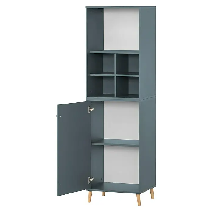 Schildmeyer Serie 500 Holz-Mehrzweckschrank - L x B x H: 114,8 x 247,7 x 223,6 cm, Fjord - Aufnahme eines grauen Schranks mit Regalen und einer offenen Tür, der Stauraum und Organisation bietet.