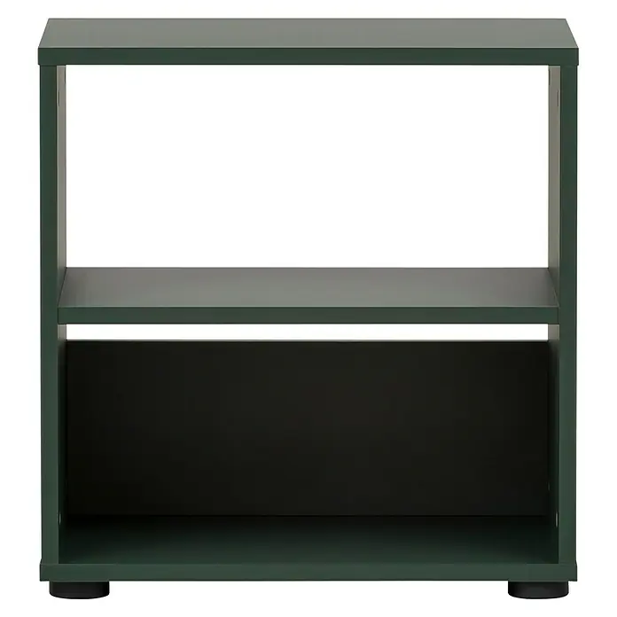 Schildmeyer Kent Regalwürfel - L x B x H: 33,2 x 48,5 x 50,1 cm, Waldgrün - Diese Aufnahme zeigt einen Nachttisch in einem dunklen Farbton mit einem Regal und einer Schublade. Das Möbelstück ist schlicht und modern.