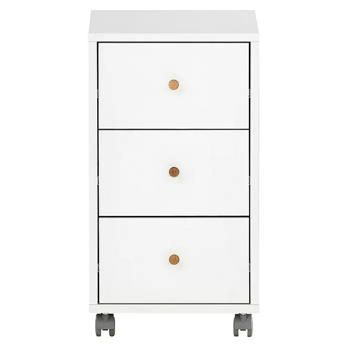 Schildmeyer Rena Rollcontainer - L x B x H: 39,1 x 32,6 x 59,7 cm, Weiß, Anzahl Schubladen: 3 Stk. - Diese Aufnahme zeigt ein weißes Sideboard mit drei Schubladen, die jeweils mit einem runden Holzknopf versehen sind.