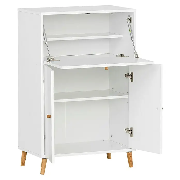 Schildmeyer Rena Sekretär - L x B x H: 39 x 65 x 102 cm, Weiß - Das geöffnete weiße Sideboard mit Holzfüßen bietet viel Stauraum durch Einlegeböden und Fächer.