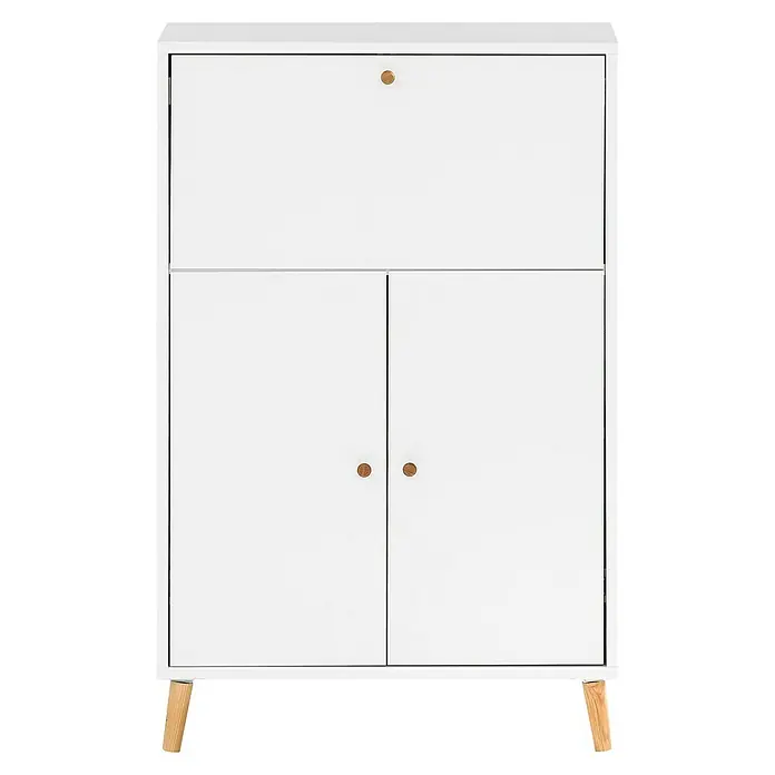 Schildmeyer Rena Sekretär - L x B x H: 39 x 65 x 102 cm, Weiß - Das Bild zeigt einen weißen Schrank mit zwei Türen und einem oberen Fach. Die Griffe sind aus hellem Holz.