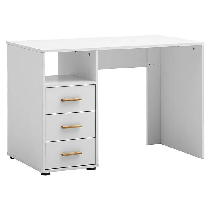 Schildmeyer Schreibtisch - L x B x H: 58 x 109 x 74 cm, Weiß - Schreibtisch in Weiß mit drei Schubladen und Holzgriffen für Stauraum und eine elegante Optik im Arbeitszimmer.