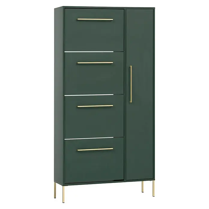 Schildmeyer Kent Schuhschrank - L x B x H: 30 x 88,4 x 174,2 cm, Waldgrün, Anzahl Fächer: 6 Stk. - Elegantes Schuhregal in Dunkelgrün mit goldenen Griffen und Beinen. Stilvolle Aufbewahrung für Ihre Schuhe.