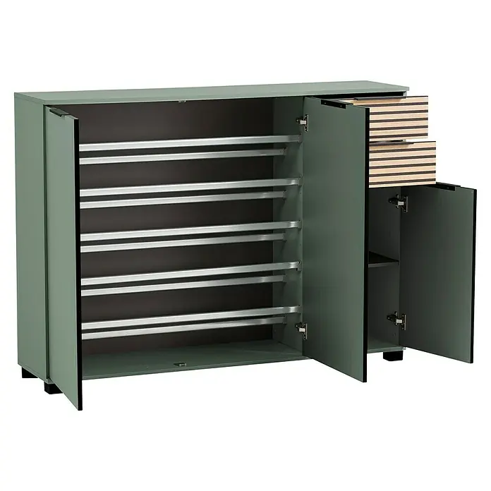 Schildmeyer Alexa Schuhschrank - L x B x H: 35 x 142 x 105,5 cm, Pistazie, Passend für: ca. 20 Paar Schuhe - Bild eines olivgrünen Metallschranks mit offenen Türen, der Inneneinteilungen und Regale zeigt.
