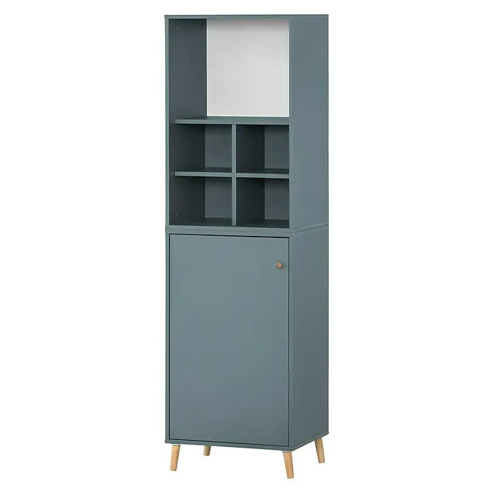 Schildmeyer Serie 500 Holz-Mehrzweckschrank - L x B x H: 114,8 x 247,7 x 223,6 cm, Fjord - Blauer Schrank mit Regalen und einer Tür, der Stauraum und Ablagefläche bietet. Die Holzfüße verleihen dem Möbelstück einen modernen Touch.