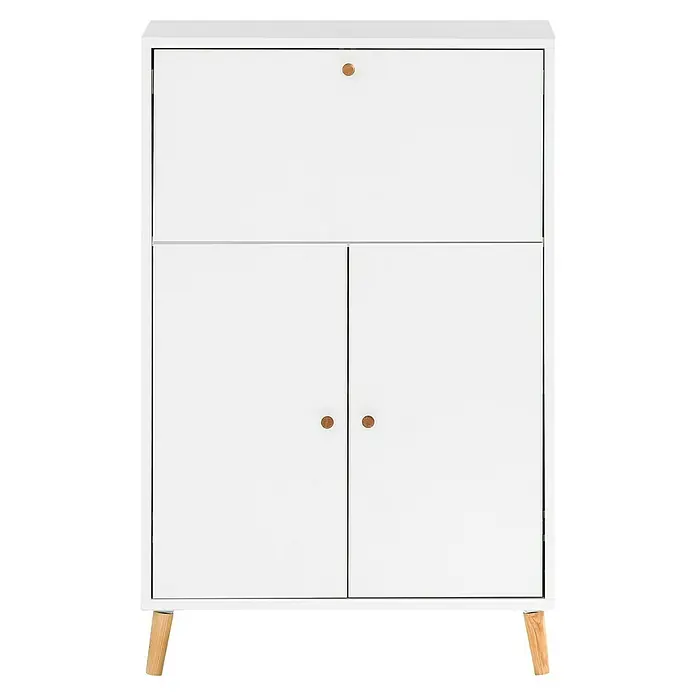 Schildmeyer Rena Sekretär - L x B x H: 39 x 65 x 102 cm, Weiß - Ein weißer Schrank mit hellbraunen Griffen und Füßen. Das Möbelstück verfügt über eine Klappe oben und zwei Türen im unteren Bereich.