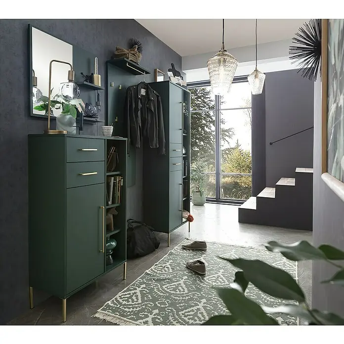 Schildmeyer Kent Garderobenpaneel - L x B x H: 2,9 x 50 x 110,6 cm, Waldgrün - Elegante, grüne Möbelkombination mit Spiegel und Garderobe. Das Design passt perfekt zu einem modernen Eingangsbereich.