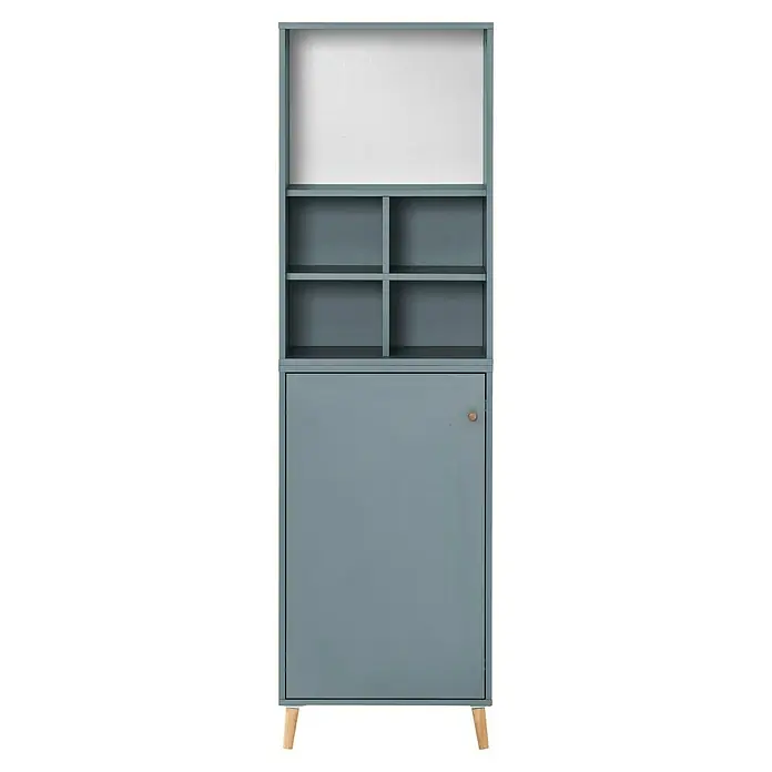 Schildmeyer Serie 500 Holz-Mehrzweckschrank - L x B x H: 114,8 x 247,7 x 223,6 cm, Fjord - Blauer Schrank mit einer Tür, mehreren Regalen und hellen Holzbeinen. Ein vielseitiges Möbelstück zur Aufbewahrung und Präsentation.