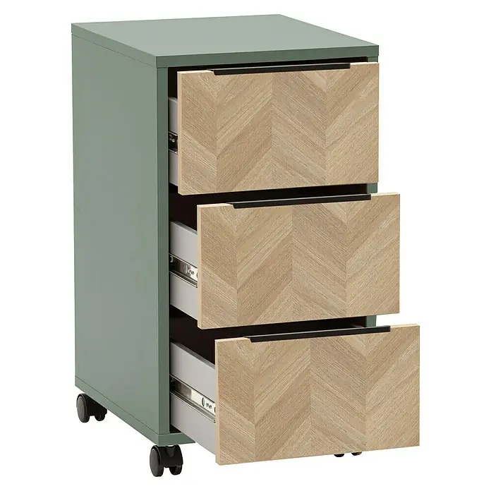 Schildmeyer Piazza Rollcontainer - L x B x H: 39,1 x 32,6 x 59,7 cm, Pistazie, Anzahl Schubladen: 3 Stk. - Ein grüner Rollcontainer mit drei Schubladen im Fischgrätenmuster. Der Büroschrank bietet Stauraum und ist dank Rollen flexibel einsetzbar.
