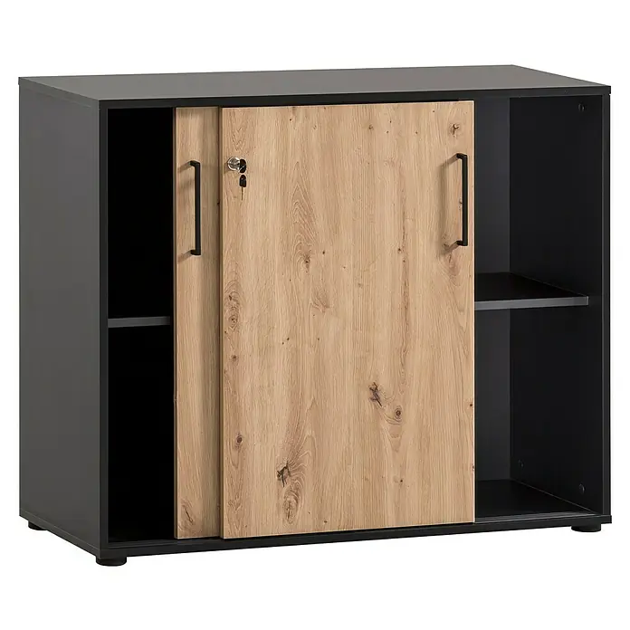 Schildmeyer Aino Unterschrank - L x B x H: 100,1 x 41 x 83,6 cm, Schwarz/Artisan Eiche - Büroschrank mit Schiebetüren, gefertigt aus Holzdekor und Metall, ideal für das Büro oder Homeoffice zur Aufbewahrung von Dokumenten.