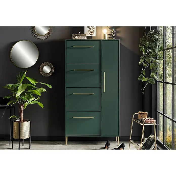 Schildmeyer Kent Schuhschrank - L x B x H: 30 x 88,4 x 174,2 cm, Waldgrün, Anzahl Fächer: 6 Stk. - Ein eleganter, grüner Schuhschrank mit goldenen Griffen und Füßen, der Stil und Funktionalität vereint. Perfekt für eine stilvolle Aufbewahrung.