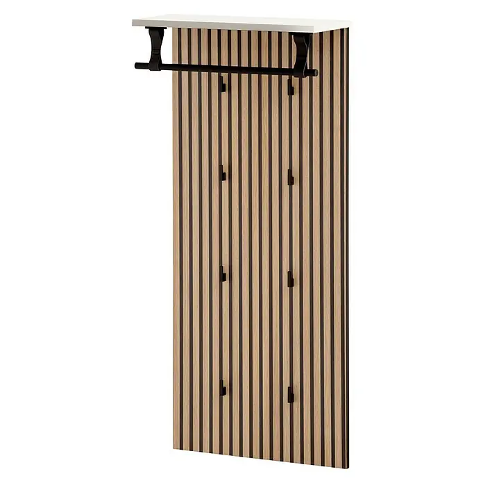 Schildmeyer Loft Garderobenpaneel - L x B x H: 2,1 x 50 x 110,5 cm, Weiß/Akustik-Dekor - Wandgarderobe mit Holzlatten und Kleiderstange. Praktische und stilvolle Lösung zur Aufbewahrung von Kleidung.