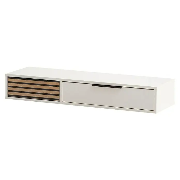 Schildmeyer Loft Konsolentisch - L x B x H: 32 x 103,5 x 16,5 cm, Weiß/Akustik-Dekor - Weiße, an der Wand montierte TV-Konsole mit Schubladen. Eine Schublade ist aus hellem Holz mit dunklen Akzenten, die andere ist weiß mit einem dunklen Griff.