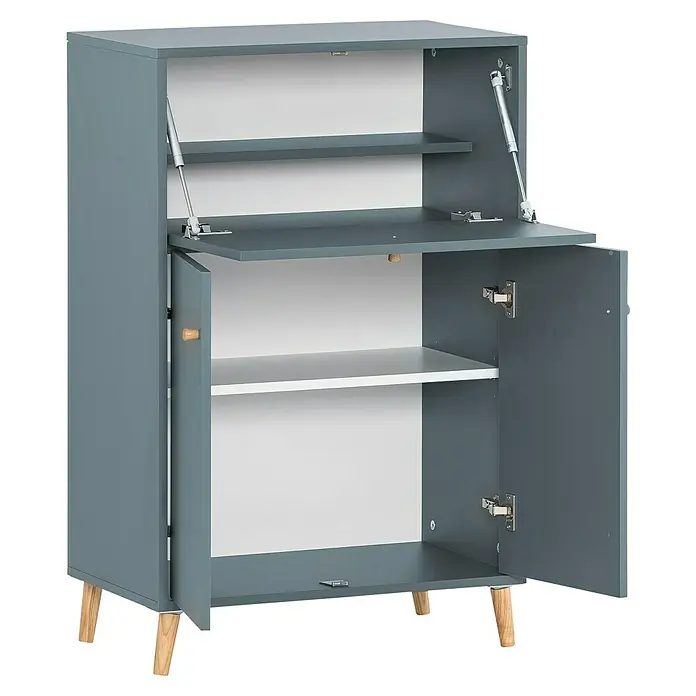 Schildmeyer Rena Sekretär - L x B x H: 39 x 65 x 102 cm, Fjord - Grauer Schrank mit Regalen, der zur Hälfte geöffnet ist und seine funktionellen Regale und das schlichte Design offenbart.