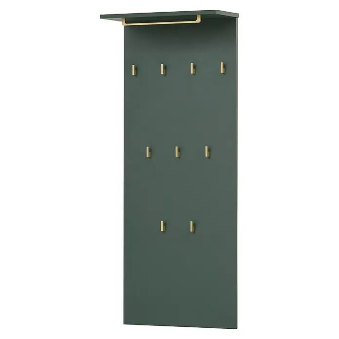 Schildmeyer Kent Garderobenpaneel - L x B x H: 2,9 x 50 x 110,6 cm, Waldgrün - Eine elegante, grüne Wandgarderobe mit goldenen Haken und Ablage. Ideal für Flur oder Ankleidezimmer zur stilvollen Aufbewahrung.