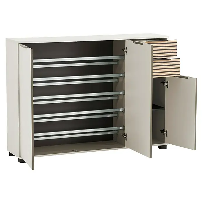 Schildmeyer Alexa Schuhschrank - L x B x H: 35 x 142 x 105,5 cm, Cremebeige, Passend für: ca. 20 Paar Schuhe - Ein offener Schuhschrank mit mehreren Ablagen und zwei Schubladen in einem hellen Farbton. Praktische Aufbewahrungslösung für jeden Eingangsbereich.