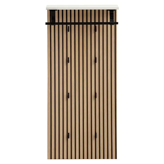 Schildmeyer Loft Garderobenpaneel - L x B x H: 2,1 x 50 x 110,5 cm, Weiß/Akustik-Dekor - Wandpaneel mit Holzlamellen und schwarzen Details, ideal für moderne Innenräume, bietet Stil und Funktionalität durch integrierte Aufhängungen.