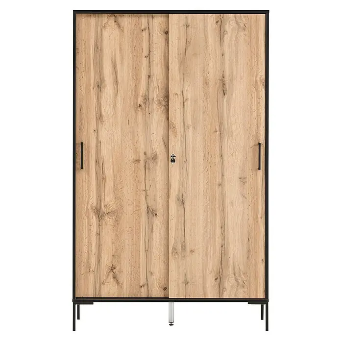Schildmeyer Serie 2000 Schiebetürschrank - L x B x H: 41 x 100,1 x 163,8 cm, Eiche Landhaus/Schwarz - Holzfarbiger Schiebetürenschrank mit schwarzem Rahmen und Griffen. Praktischer Stauraum für Schlaf- oder Ankleidezimmer.