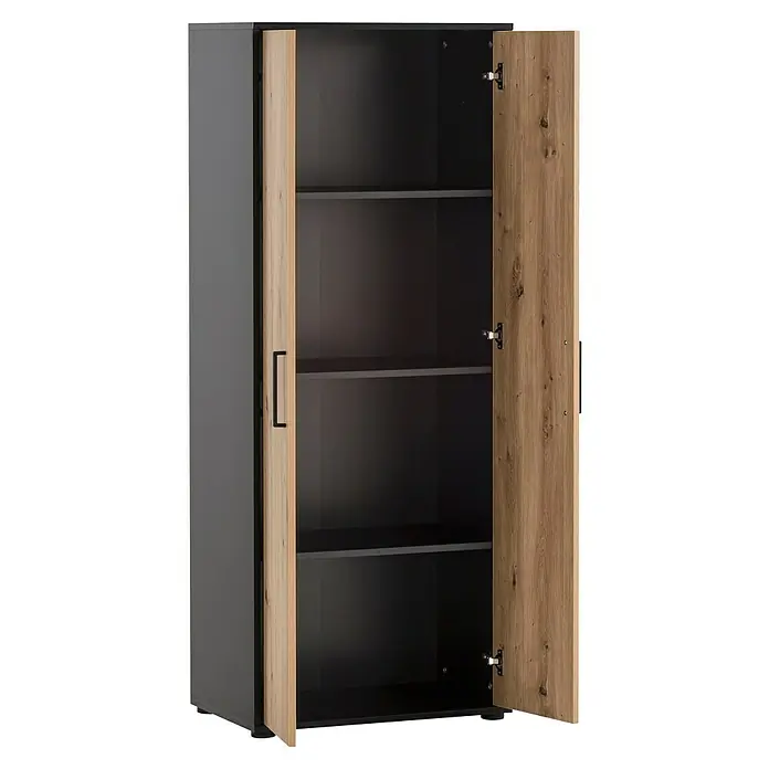 Schildmeyer Aino Schrank - L x B x H: 65,1 x 41 x 163,6 cm, Schwarz/Artisan Eiche - Ein offener Kleiderschrank mit mehreren Einlegeböden bietet viel Stauraum für Kleidung. Die Türen sind in Holzoptik gestaltet.