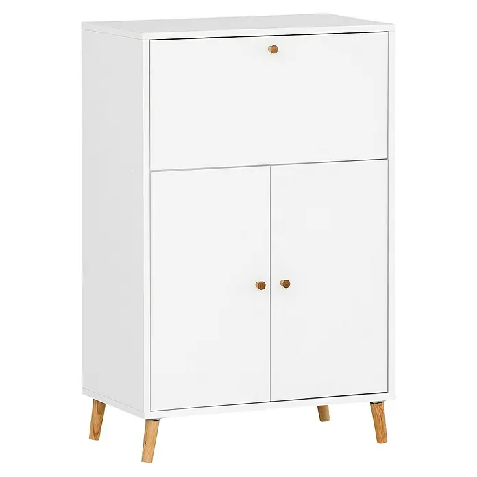 Schildmeyer Rena Sekretär - L x B x H: 39 x 65 x 102 cm, Weiß - Ein weißer Schrank mit zwei Türen und einem oberen Fach mit einem runden Holzgriff.