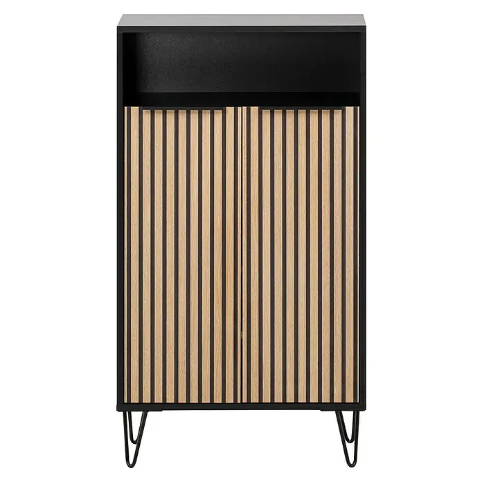Schildmeyer Hank Schuhschrank - L x B x H: 33 x 60,2 x 107,9 cm, Schwarz/Artisan Eiche, Passend für: ca. 12 Paar Schuhe - Elegantes Sideboard mit Holzlamellenfront und schwarzem Rahmen. Perfekt für modernes Wohnambiente, bietet Stauraum und stilvolles Design.